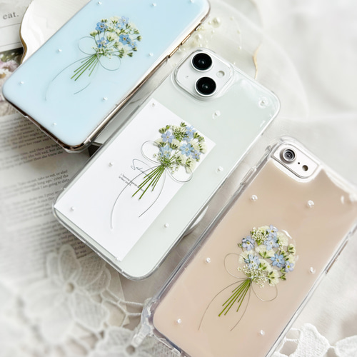 忘れな草 かすみ草 リボン ブーケ 押し花スマホケース 【ハイブリッド