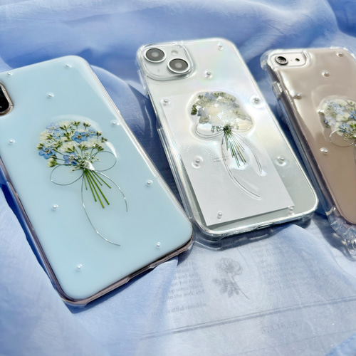忘れな草 かすみ草 リボン ブーケ 押し花スマホケース 【ハイブリッド