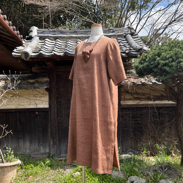 播州織 柿渋染め麻ワンピース25022