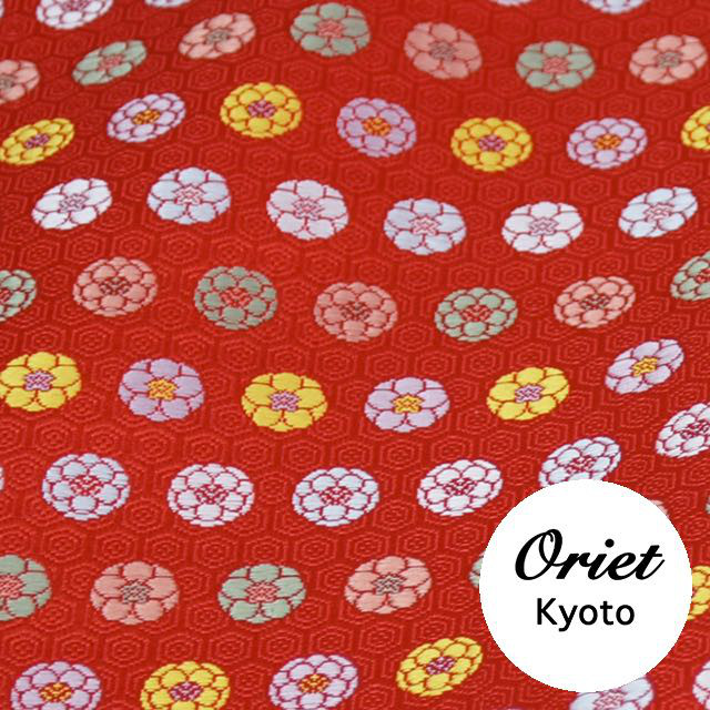 金襴 正絹 亀甲地梅華紋 32付 赤☆生地幅約33cm×長さ50cm（350-Y）