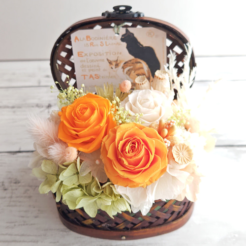 プリザーブドフラワー 蓋付きバンブーバスケット オレンジ系