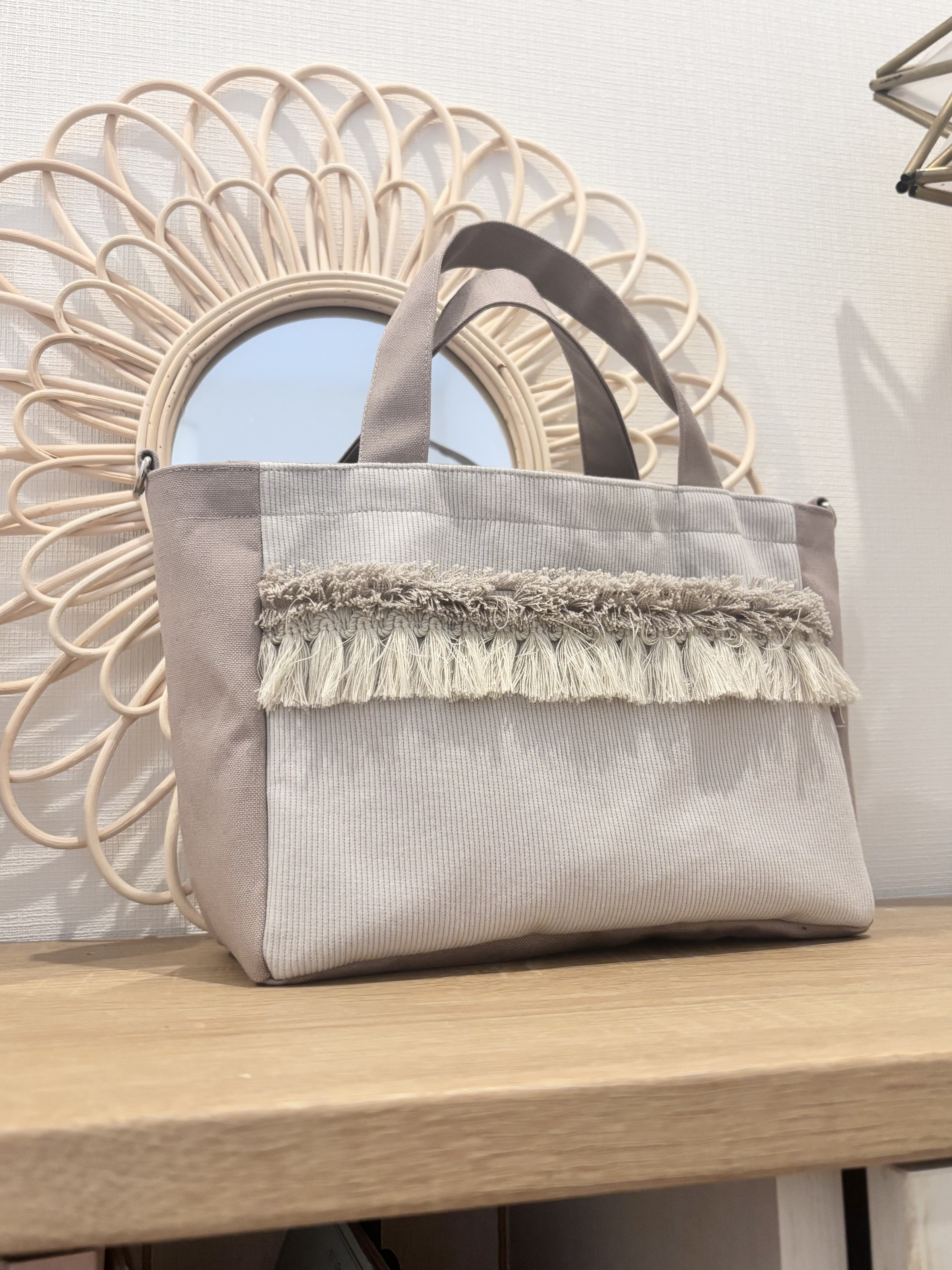 《大人のニュアンスカラー》軽やかトートバッグ｜ショルダー対応｜帆布×リブ グレーベージュ