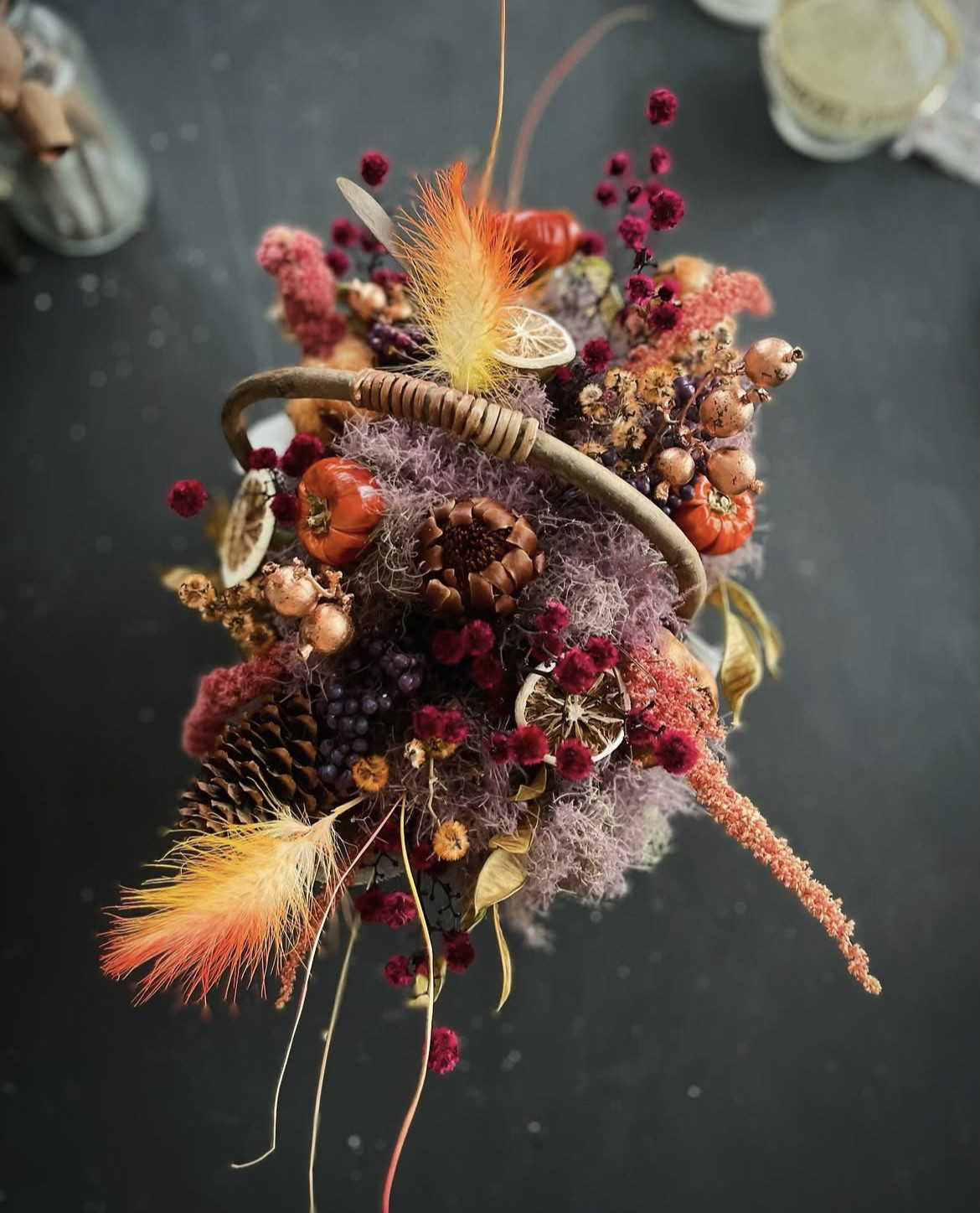 " autumn fruit " basket  木の実 バスケットアレンジ ドライフラワー スモークツリー ハロウィン