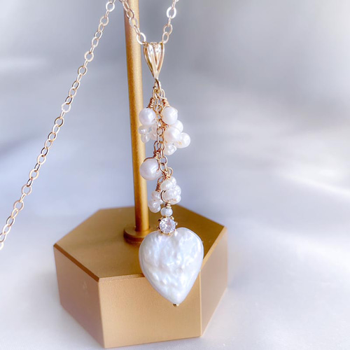 handmade ラリマー 淡水パール ハート ネックレス ② 淡水パールハートネックレス ゴールド/シルバー サージカルステンレス