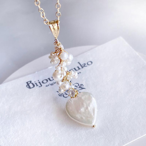 Tiny パールネックレス ハート♡18K 淡水パール 淡水パール ハート ネックレス ハート パール ペンダント トップ
