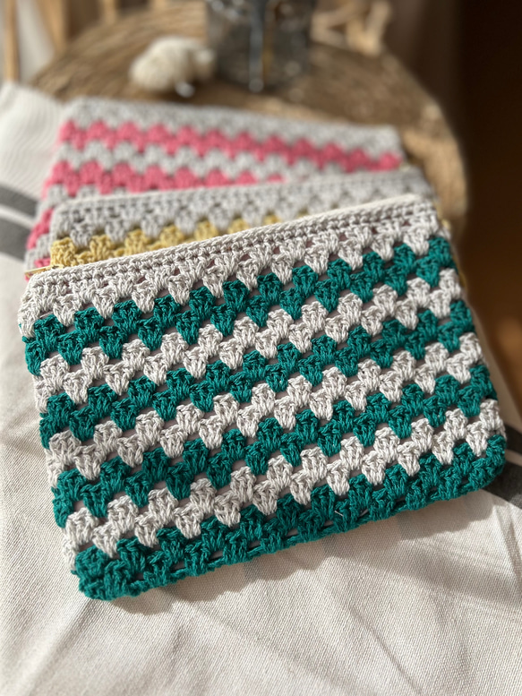 フラットポーチ 大きめポーチ かぎ針編み グリーン ポーチ 2244_knit