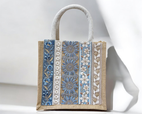 インド刺繍リボンのジュートバッグ/エコバッグ/カゴバッグ/サブ