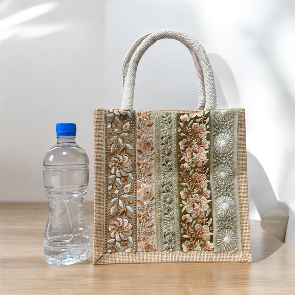 インド刺繍リボンのジュートバッグ/エコバッグ/カゴバッグ/サブバッグ