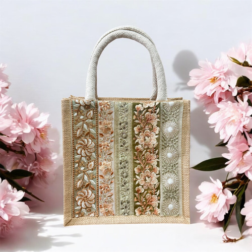インド刺繍リボンのジュートバッグ/エコバッグ/カゴバッグ/サブバッグ