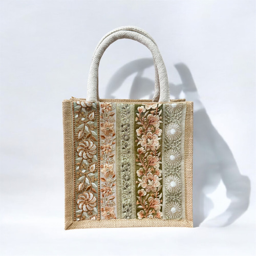 インド刺繍リボンのジュートバッグ/エコバッグ/カゴバッグ/サブバッグ