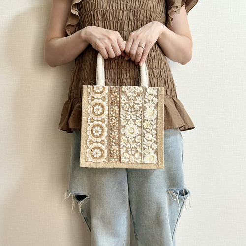 インド刺繍リボンのジュートバッグ/エコバッグ/カゴバッグ/サブ