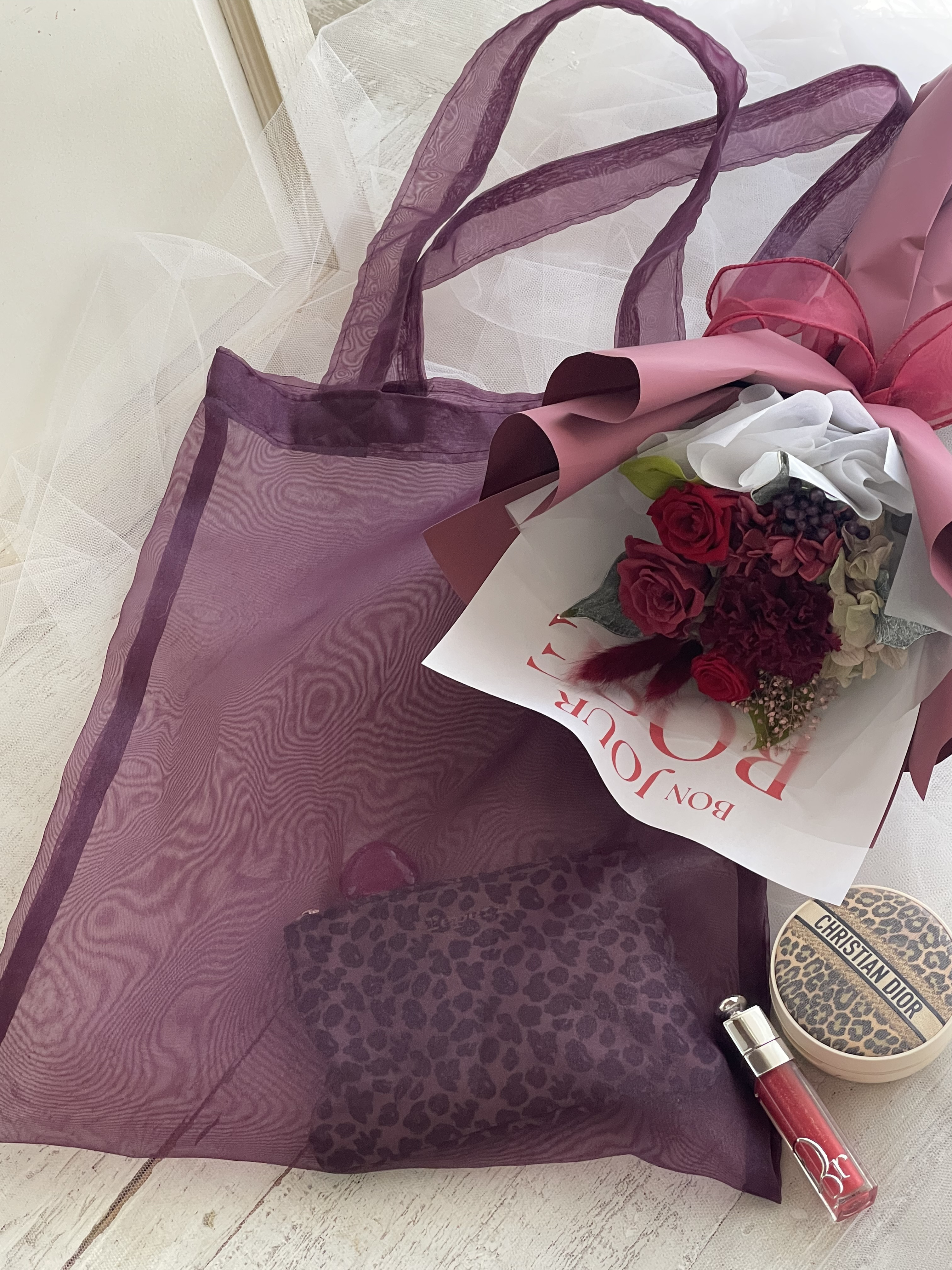 「flower's&」バッグインブーケ  ワイン プリザーブド花束　推し活　母の日　韓国風ラッピング