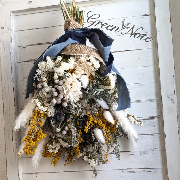 お得なセット　ミモザとアンティーク紫陽花のリース＆スワッグセット　春　ストック お得なセット ミモザとアンティーク紫陽花のリース＆スワッグセット 春