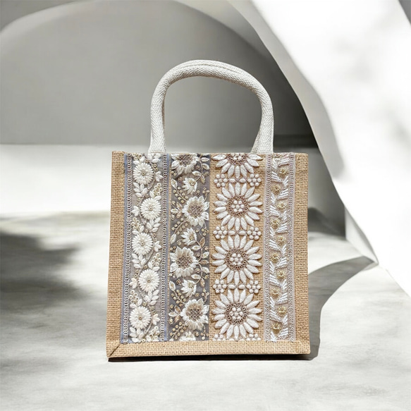 キラキラ】インド刺繍リボンのジュートバッグ/エコバッグ/カゴバッグ