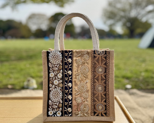インド刺繍リボンのジュートバッグ/エコバッグ/カゴバッグ/サブ