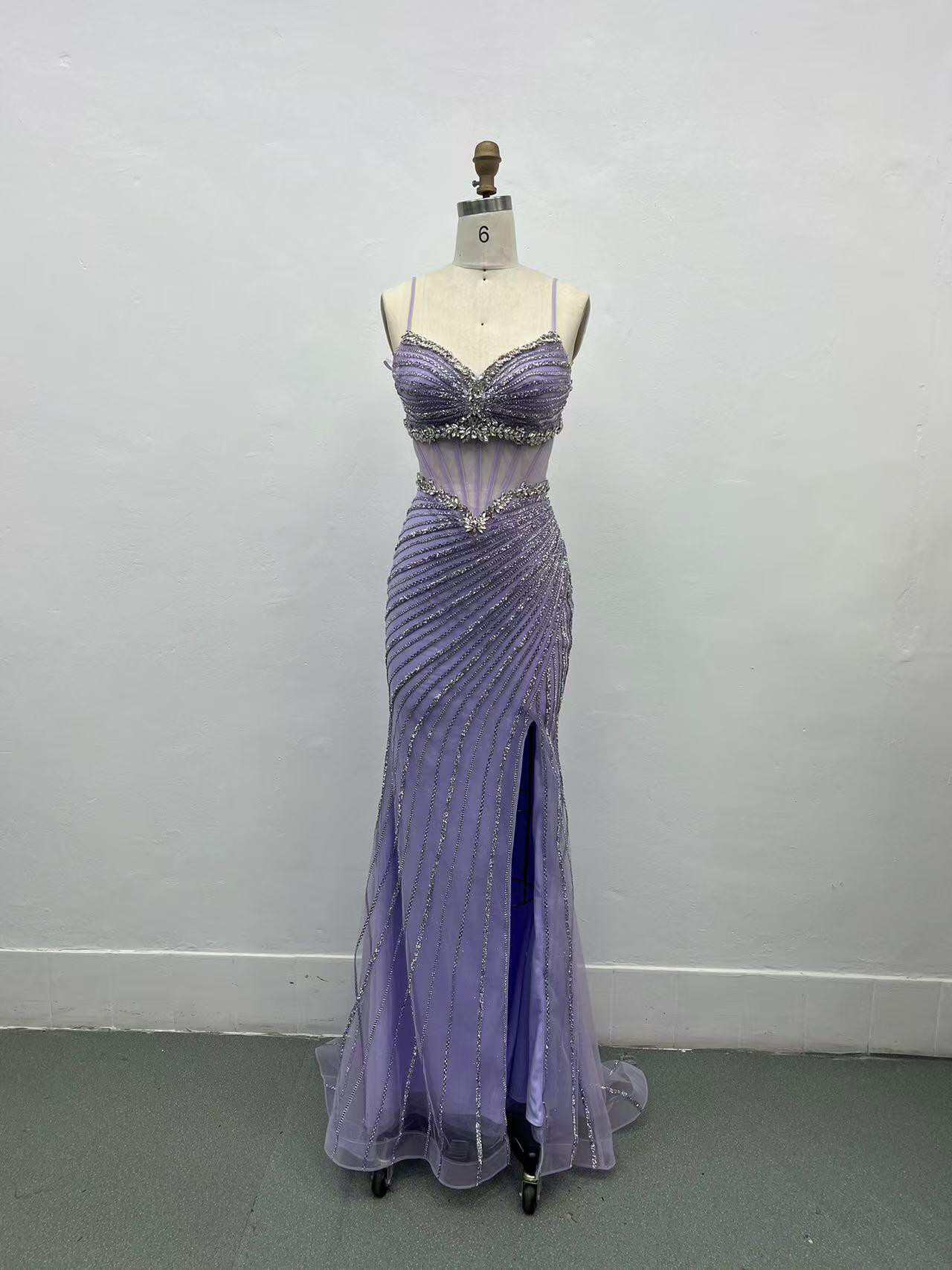 高品質保証　ラベンダー色　チュール　キラキラ　スリット　タイトスカート　フォトウェディング　パーティードレス衣装ステージ