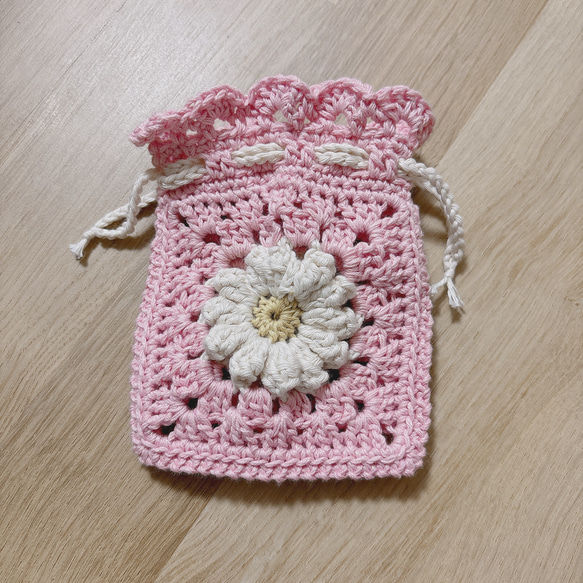 巾着 かぎ編み お花 花 デイジー ポーチ 小物 ポシェット かぎあみ