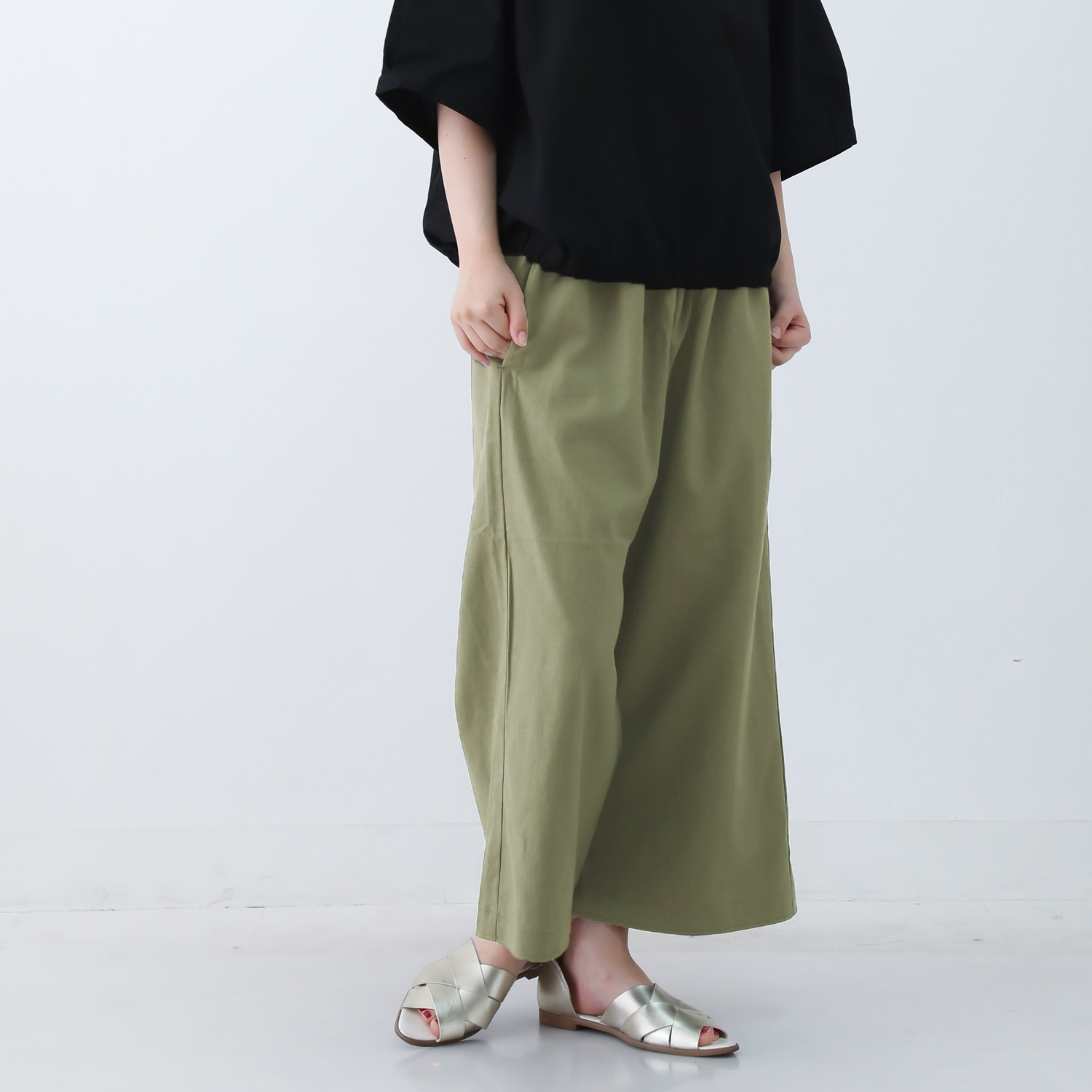 やわらかヴィンテージコットンリネンのキレイ目 ワイドパンツ サイズ選べる◎ アトモスグリーン nunono-01
