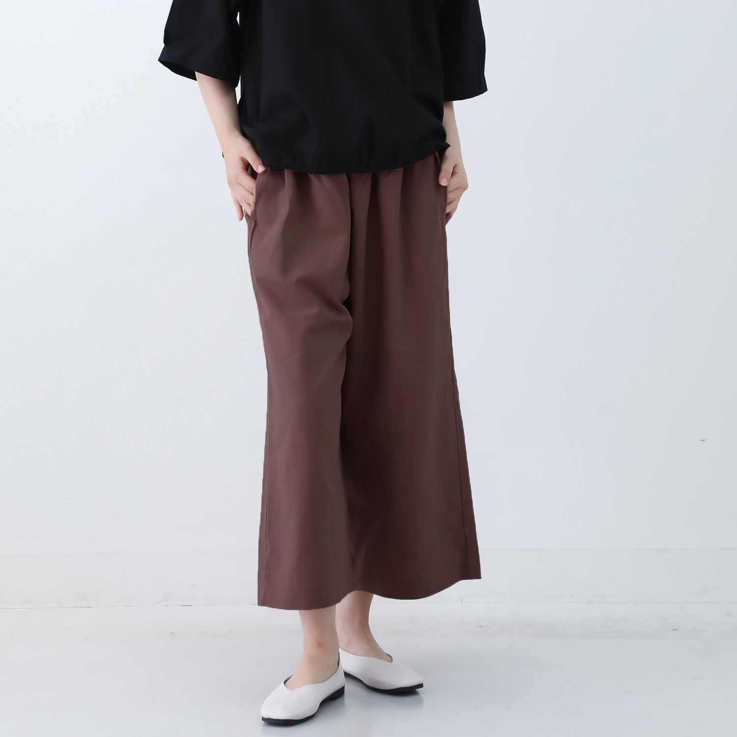 やわらかヴィンテージコットンリネンのキレイ目 ワイドパンツ サイズ選べる◎ ブラウン nunono-01
