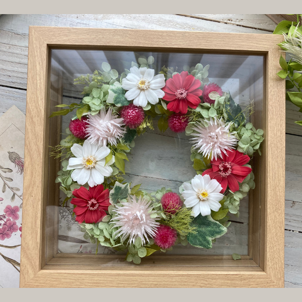木製フレームリース・白・ピンク・プリザーブドフラワー・ドライフラワー