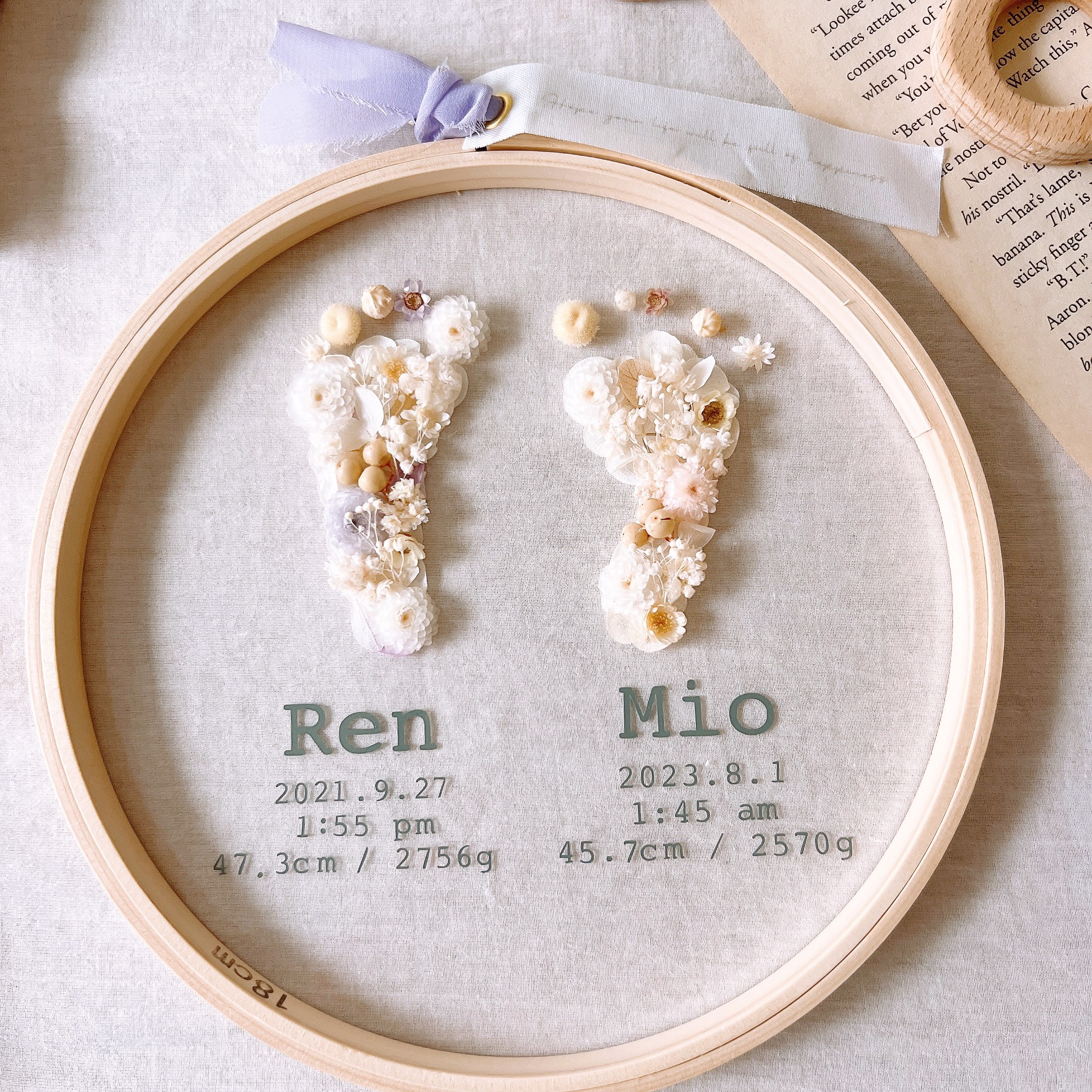 足形お名前フレーム〖ごきょうだい新生児期片足ずつ〗　足形　命名書　名入れ　プレゼント　メモリアルグッズ