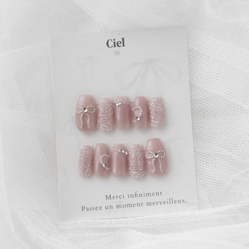 03))リボンネイル ネイルチップ 韓国ネイル フレンチガーリー シンプルネイル ネイルチップ 韓国 黒 フレンチ リボン ガーリー キラキラ 星