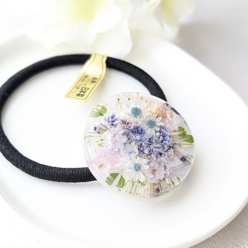 ヘアゴム】花ブーケ 青色 お花のヘアゴム レジンヘアゴム プレゼント