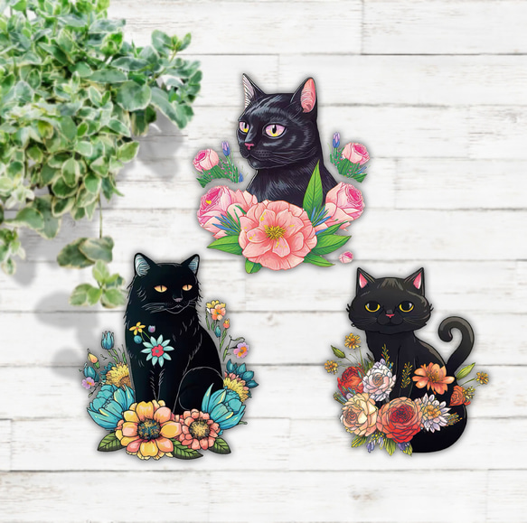 黒猫りんごパネル生地　ハンドメイド 1枚】黒猫と花♫アイロン転写シート ワッペン ワッペン・アップリケ