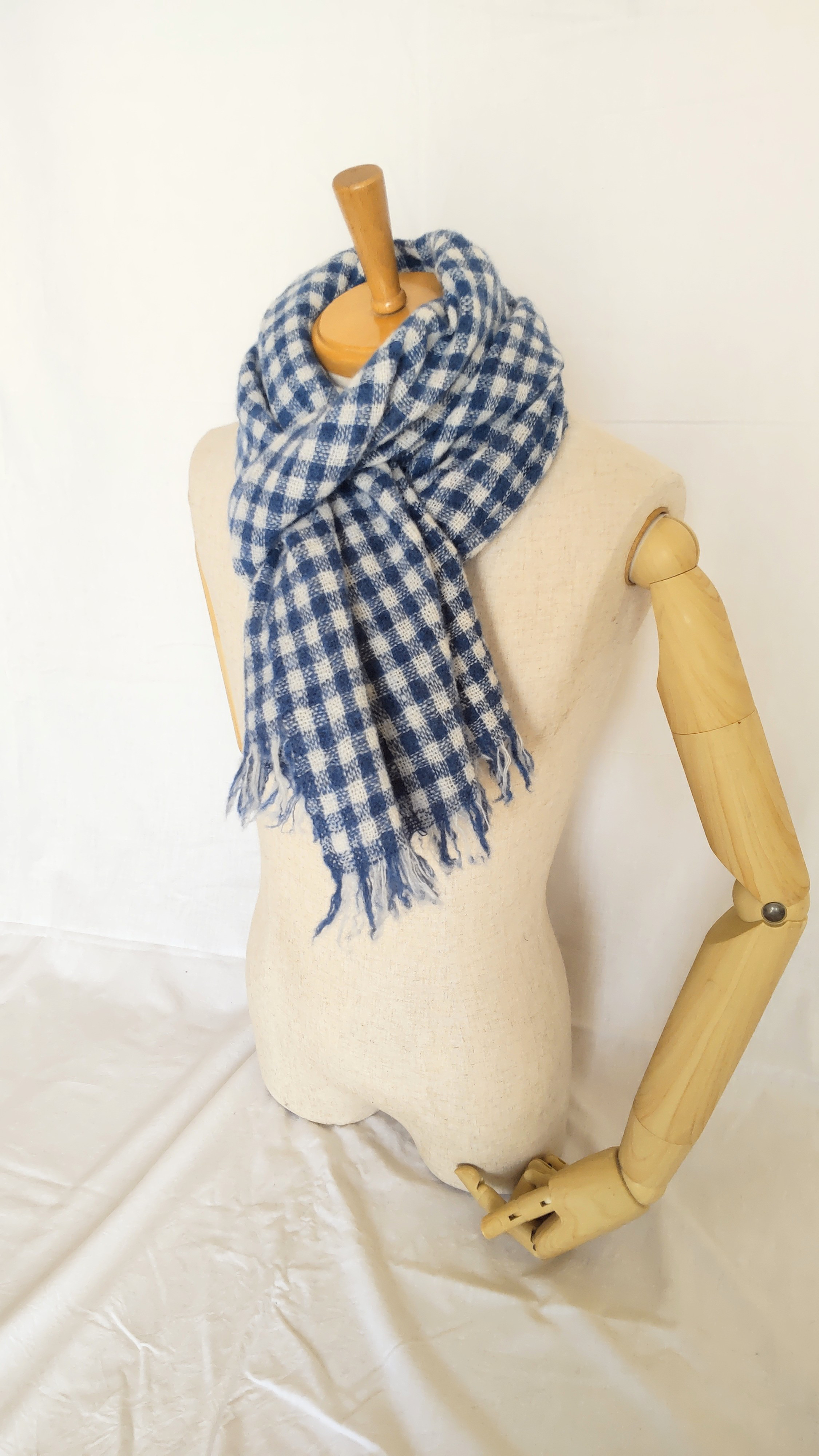 手紡ぎ手織り 羊毛(ウール)100パーセントストール ブルーギンガムチェック