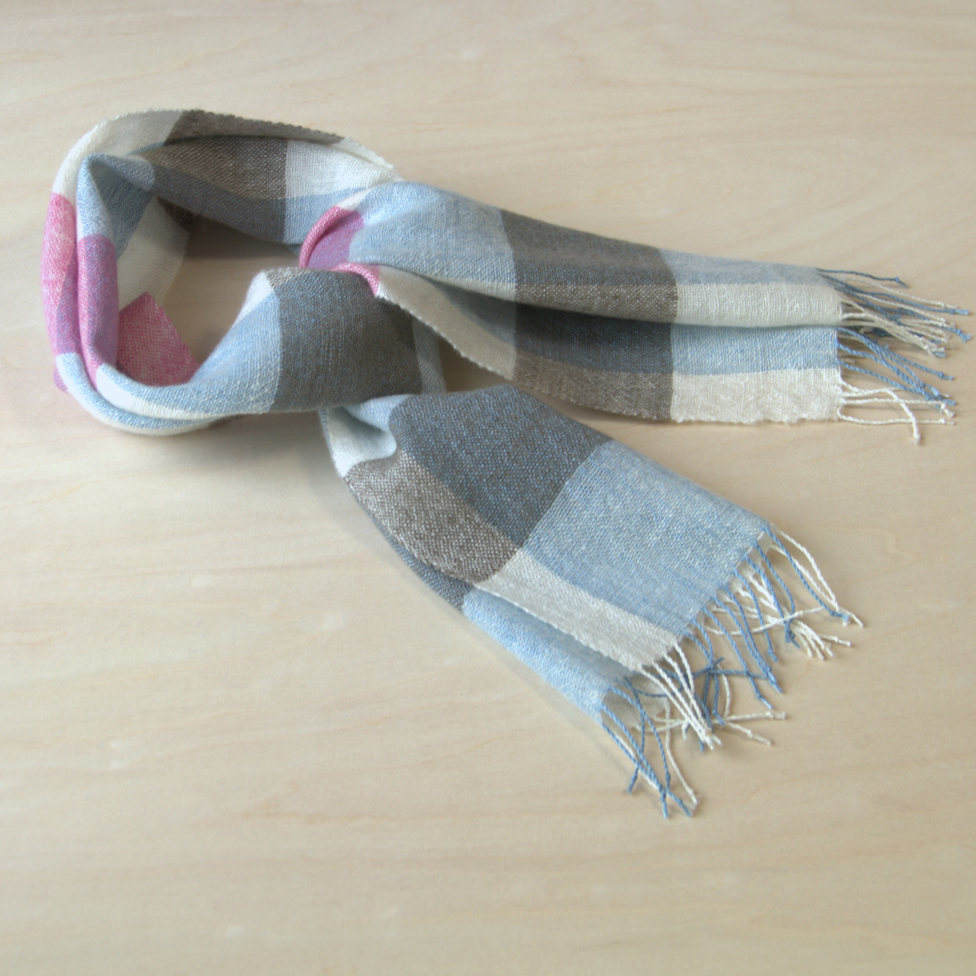 ホームスパン　リネン×カシミヤプチマフラー　白・浅黄チェック