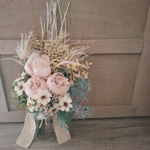 ウェディングブーケ ブートニア付き くすみピンク ドライフラワー
