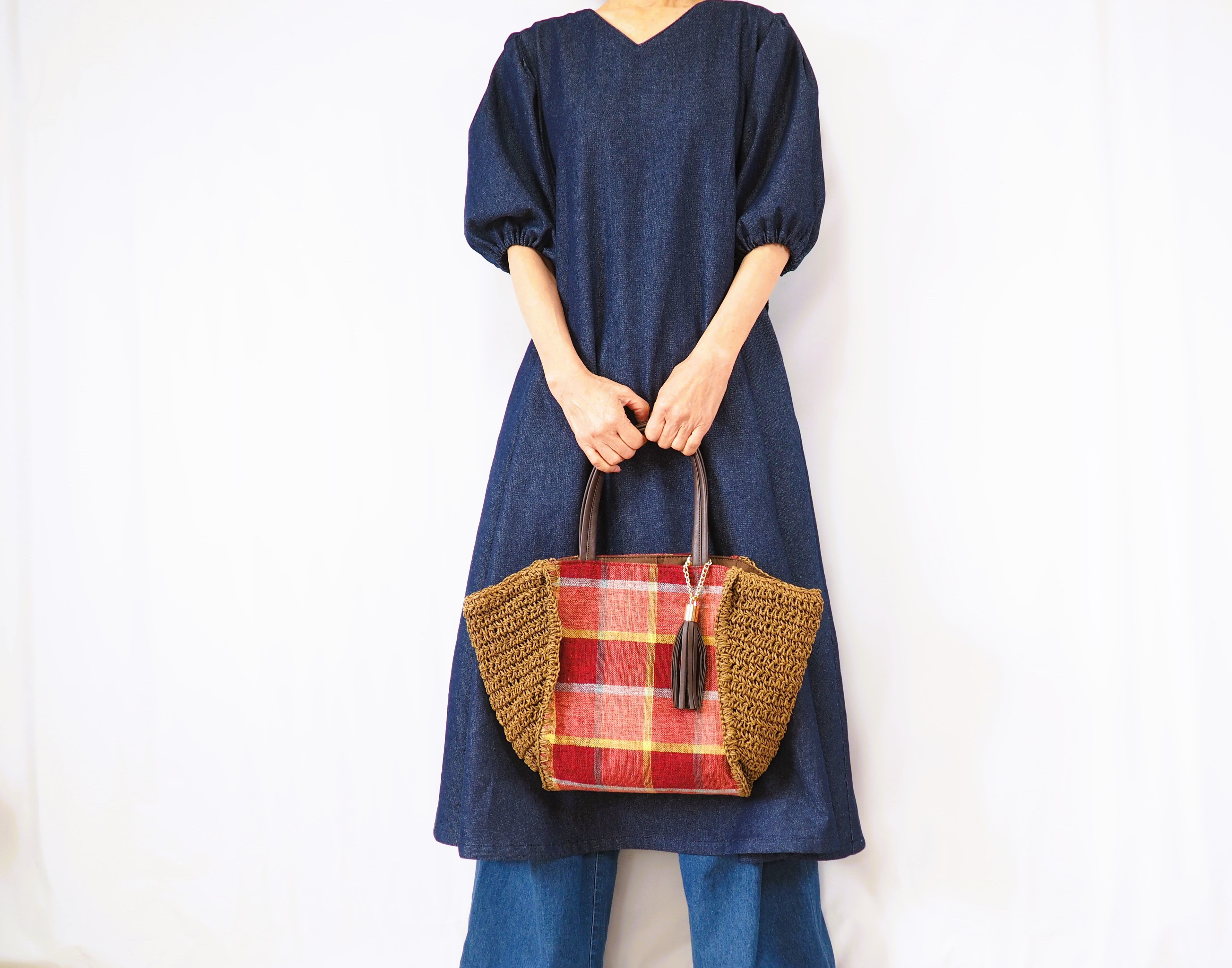 5.5オンスソフト加工デニム　Aラインワンピースバルーンスリーブ　軽くて柔らか