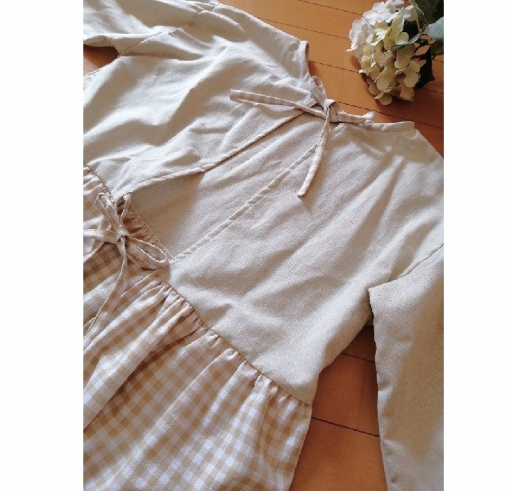 送料無料☆ナチュラルワンピースみたいな割烹着エプロン　ベージュギンガムチェック