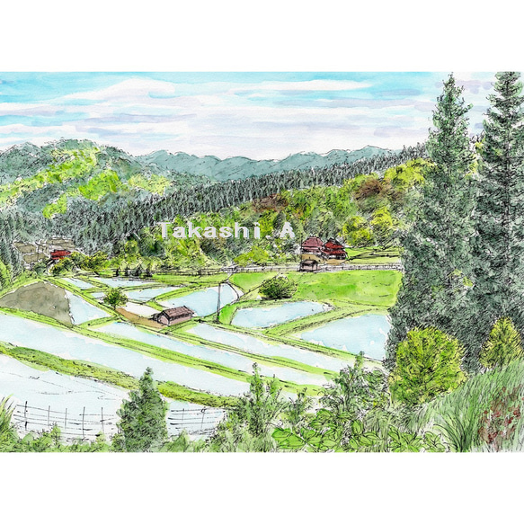 原画一点物 「山里の春」＜ペンスケッチ＋透明水彩＞ 絵画 Takashi.A