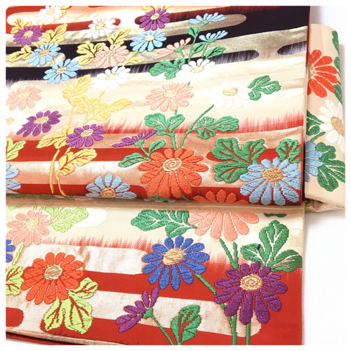唐織刺繍 正絹 袋帯 二部式 薄手 染め分け 花模様 二重太鼓 作り帯 