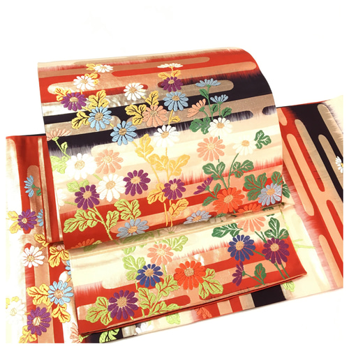 唐織刺繍 正絹 袋帯 二部式 薄手 染め分け 花模様 二重太鼓 作り帯 