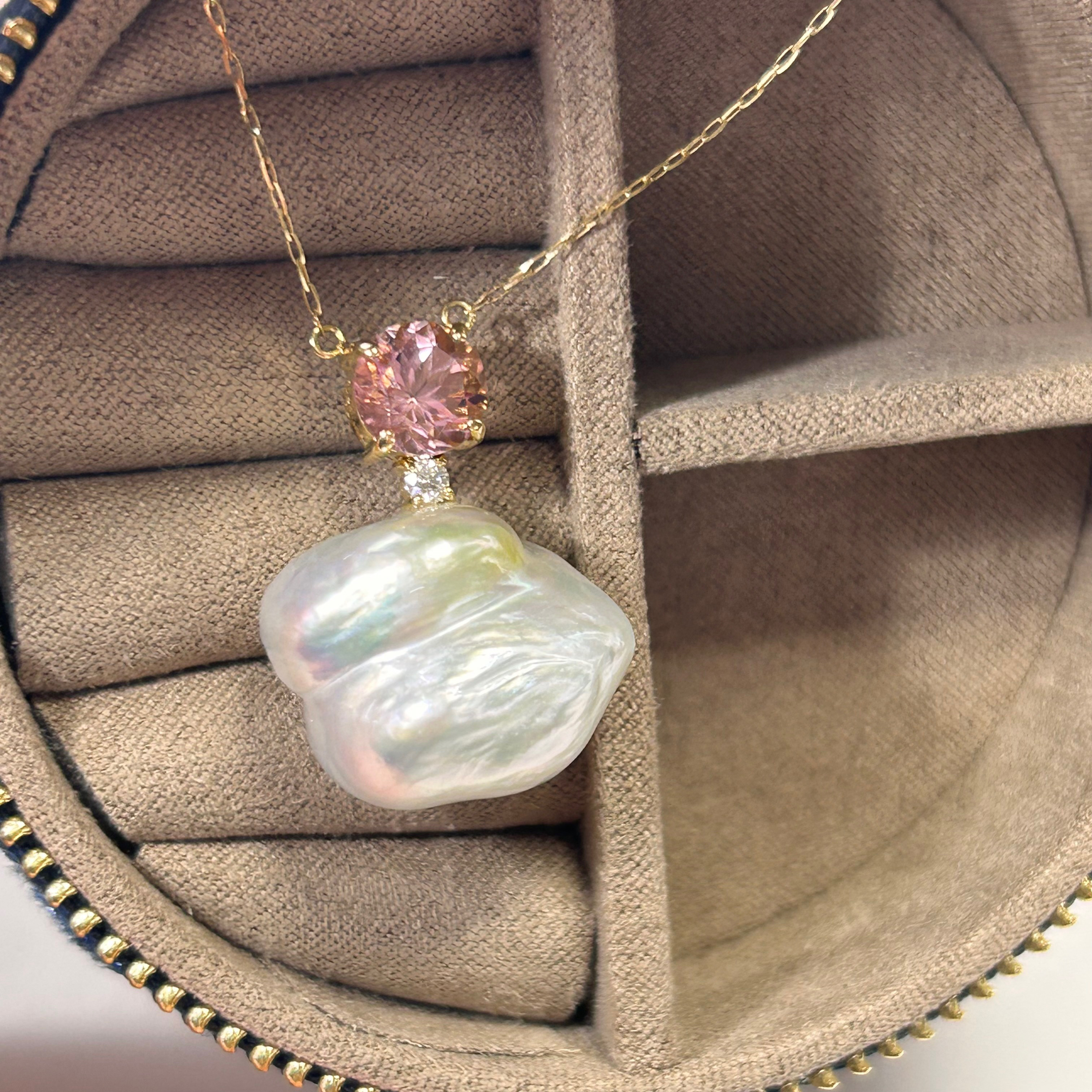 k18白蝶真珠バロックピンクトルマリンネックレス