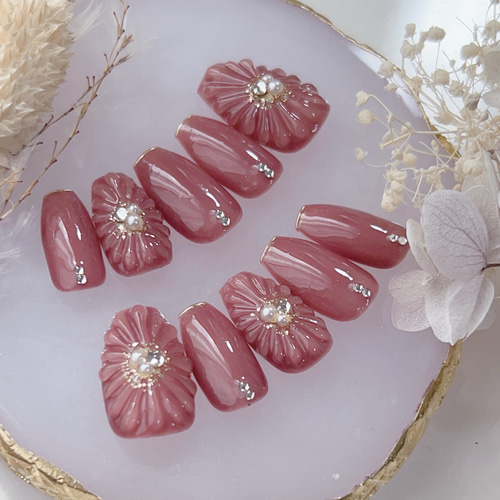 ニュアンスネイルぷっくりフラワー花フレンチ卒業式入学式結婚式成人式