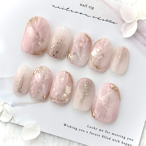 新作 透け感ピンク大理石ネイルチップ 大人可愛い ブライダル