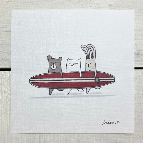 イラスト しろねことうさぎとくま 「surfing」 イラスト Aries Create