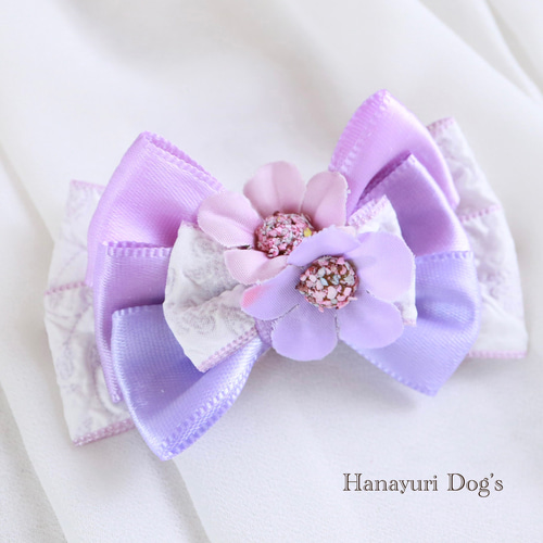 紫サテンと立体リボン 紫の花 犬バレッタ キッズ・子供リボン 猫
