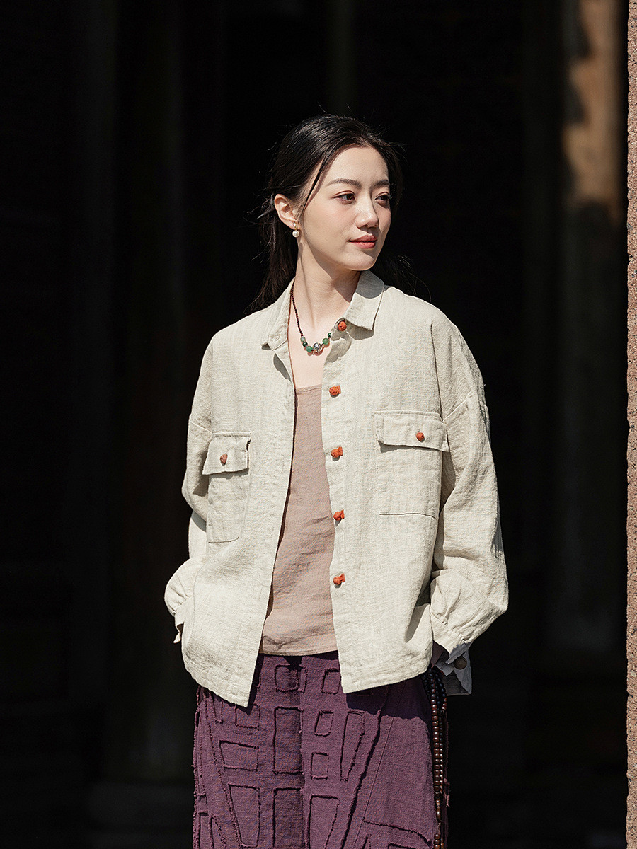 春・初夏・晩夏｜リネン×コットン｜手仕事の温もりを纏う、禅意な対襟羽織トップス – 品番8359