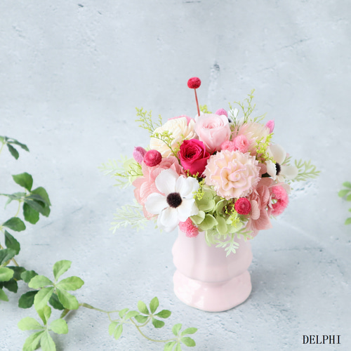 フラワーアレンジ 花瓶付き　大　造花無し アレンジメント プリザーブドフラワー フラワーパフェ風アレンジメント（ピンク）【プリザーブドフラワー】花