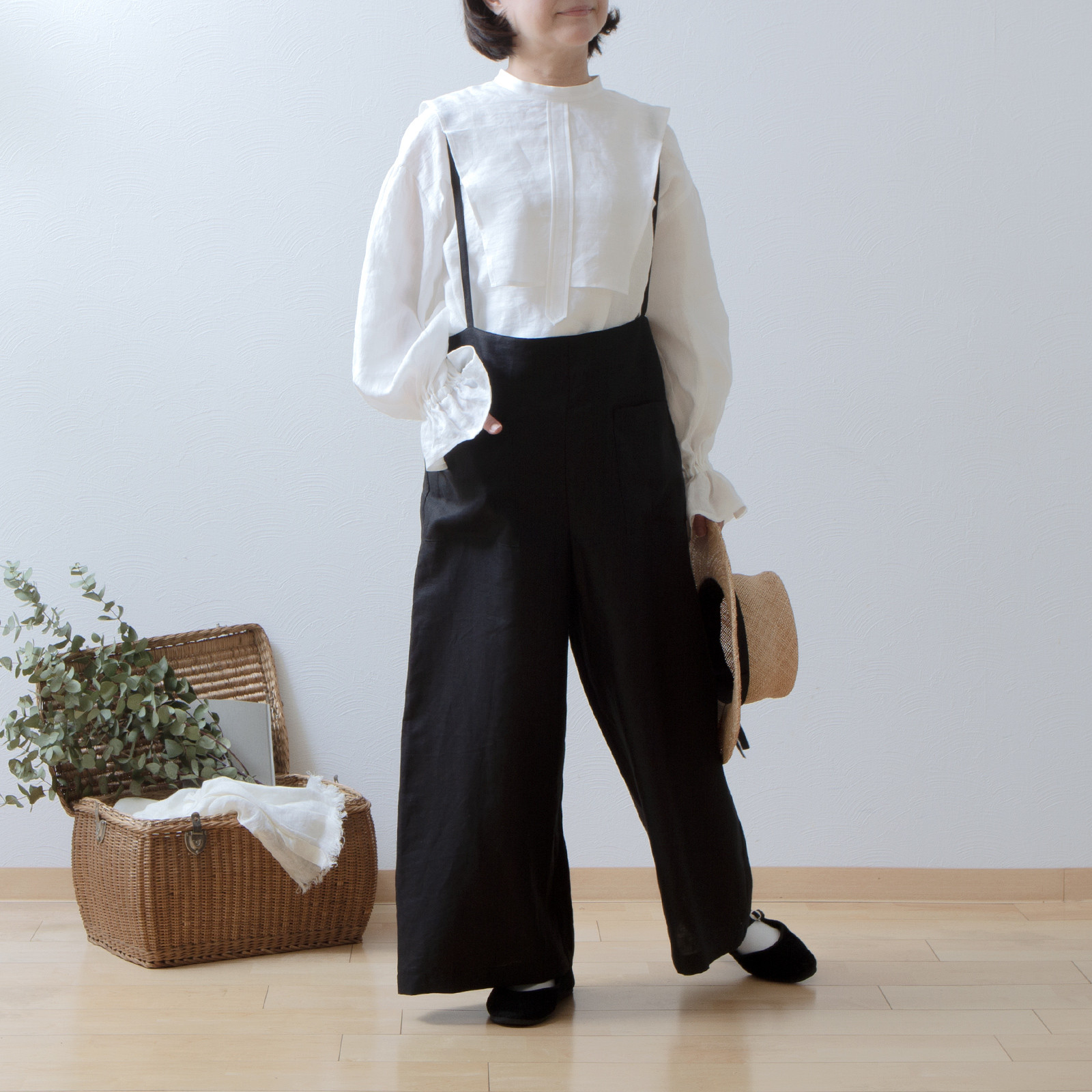 サスペンダーワイドリネンパンツ/ブラック