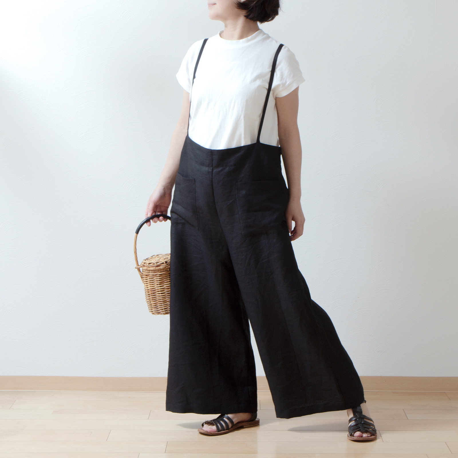 サスペンダーワイドリネンパンツ/ブラック