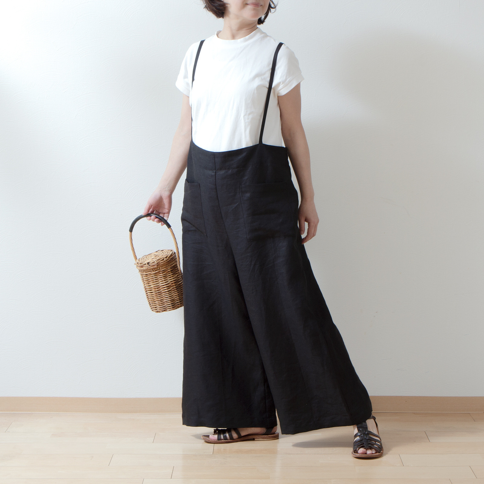 サスペンダーワイドリネンパンツ/ブラック
