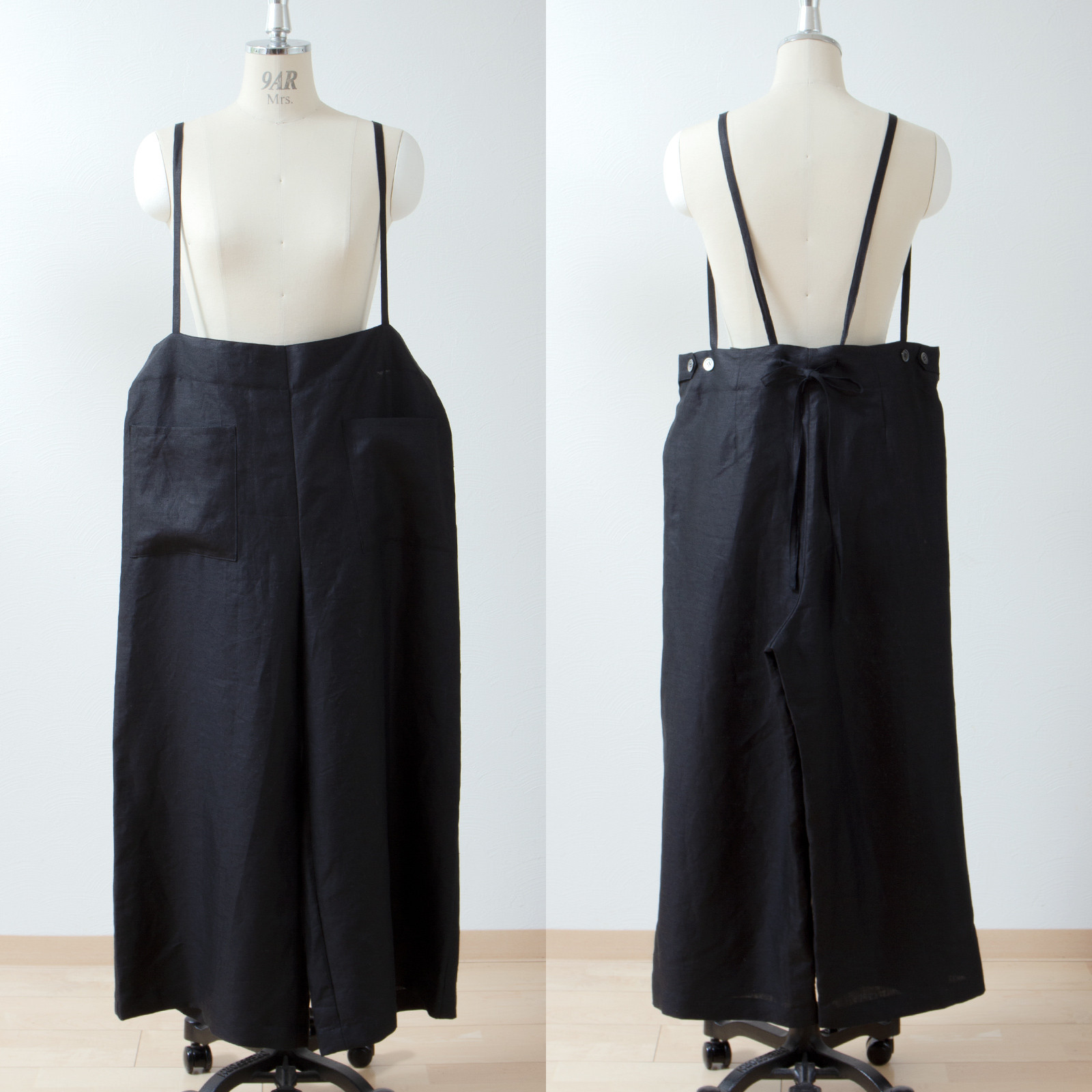 サスペンダーワイドリネンパンツ/ブラック