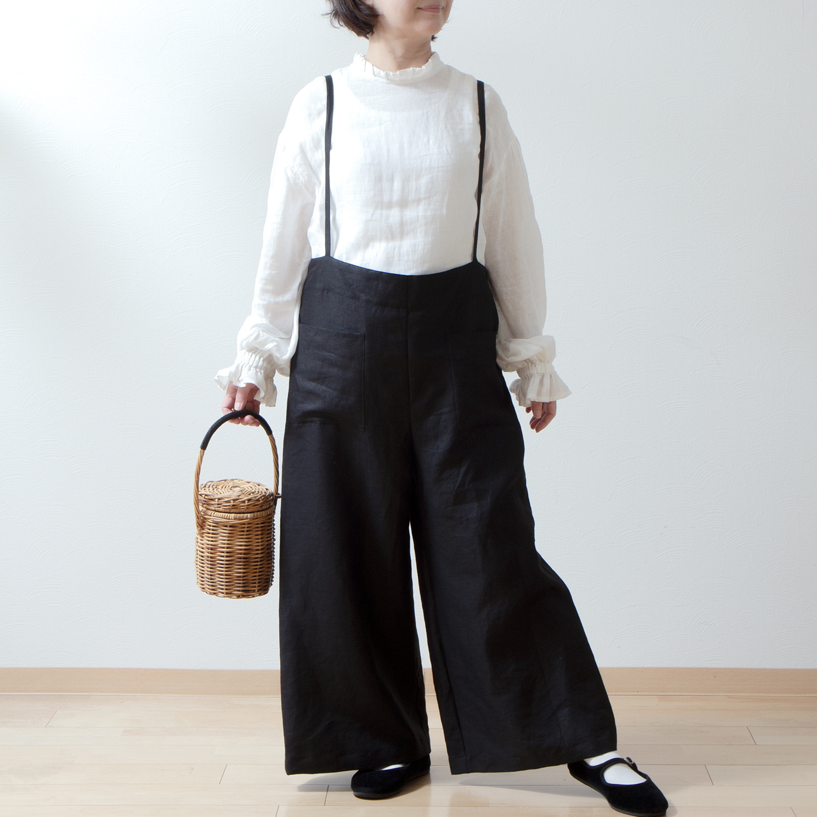 サスペンダーワイドリネンパンツ/ブラック