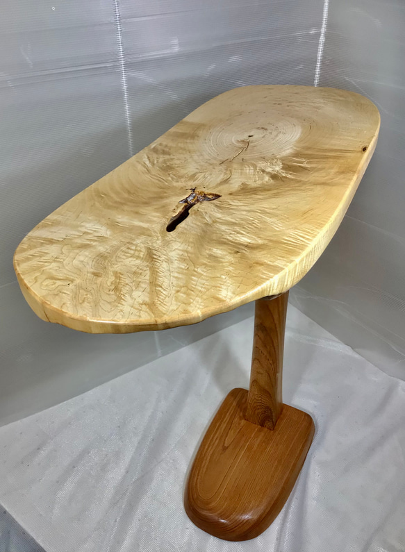 天然木とち杢輪切り折り畳みサイドテーブル一点物手造り