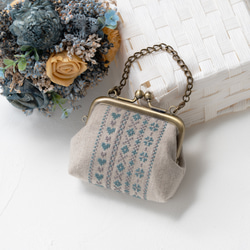 あじさい刺繍リネン巾着袋 クロスステッチのワンポイント刺繍 巾着袋